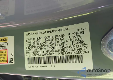 2021 Honda Accord Sport 2.0T from USA, damaged, VIN 1HGCV2F30MA009620